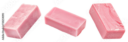 Set of pink soap in the shape of a rectangle, isolated on a white or transparent background. Pink handmade soap close-up as a graphic design element.