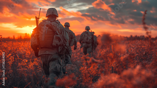 Escena de guerra, soldados andando por el campo de batalla al atardecer, con el sol de frente 