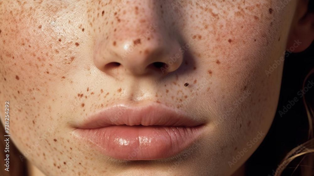 Fototapeta premium Close-up of a womens face, showcasing the texture and details of the skin, from freckles to pores