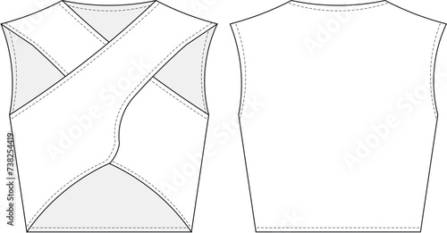 v neck sleeveless low-cut short blouse top template technical drawing flat sketch cad mockup fashion woman design style model
