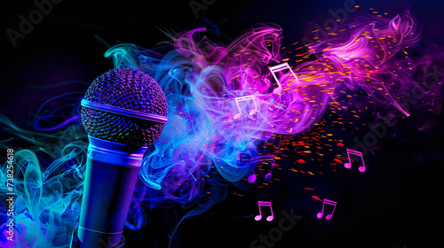photo of microphone in ultraviolet light on a black background and flying notes © Nate