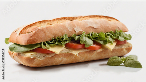 Sandwich with cheese, tomato and lettuce on a white background.