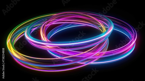Dynamic abstract neon light circles swirling in a mesmerizing dance of colors on a deep black background. 