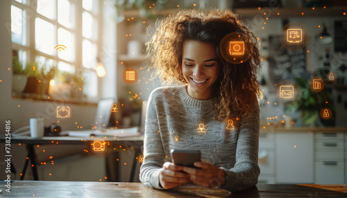 Person chatting online with smartphone in office,various icons,generative ai