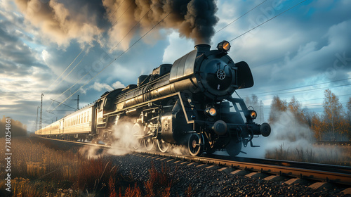 Portrait up of a classic steam locomotive in motion, color black, clear smoke, a railway