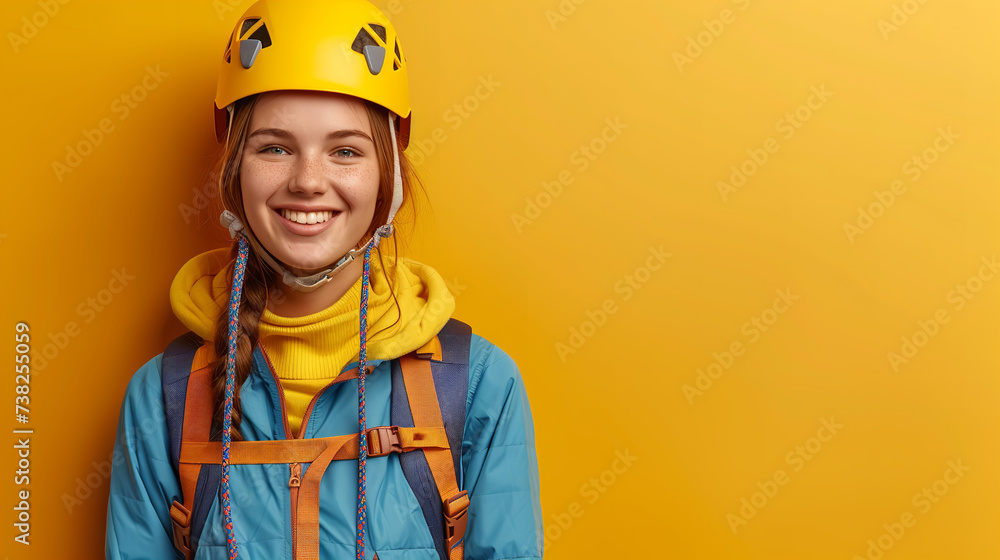 a girl climber in climbing gear smiling and looking at the camera a girl climber in climbing gear smiling and looking at the camera