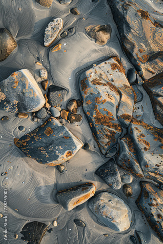 the beach has rocks and sand, in the style of aerial abstractions, atmospheric and moody landscapes, aerial view