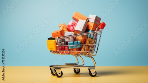 Gift boxes in a trolley on the pastel background