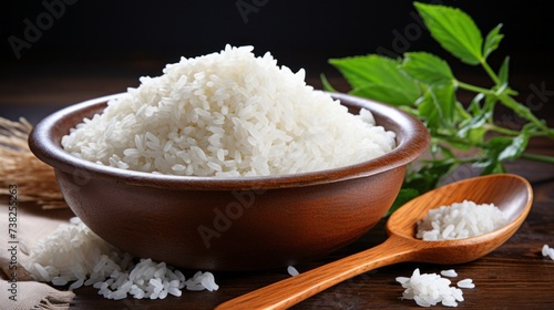 White rice in wooden bowl and wooden spoon with cooked rice on wooden background