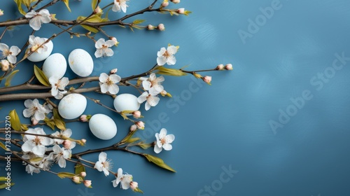 Flat Lay of easter eggs and  spring flowers on a blue background