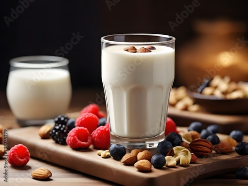 a glass of milk and berries healthy food drink
