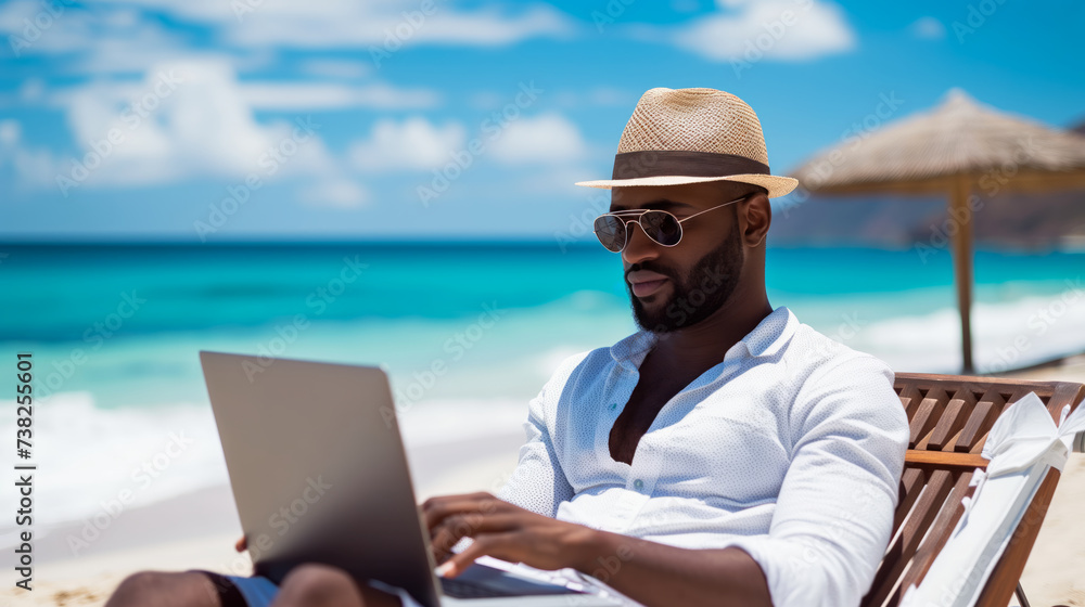 A man works on his laptop by the ocean, embracing a nomadic, freelance lifestyle. Ai generative
