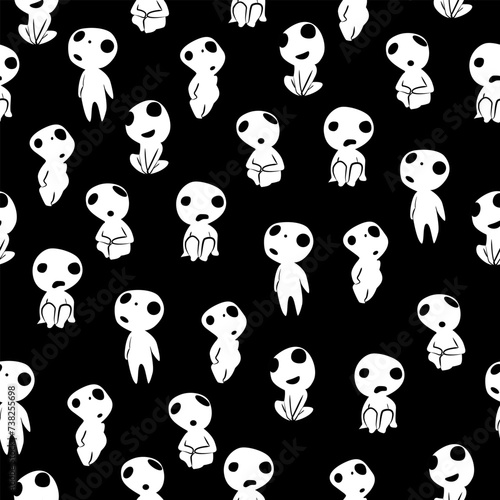 seamless black and white print with kodama, nature spirits, Japanese folklore.