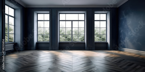 An Empty Room With Three Windows and a Wooden Floor