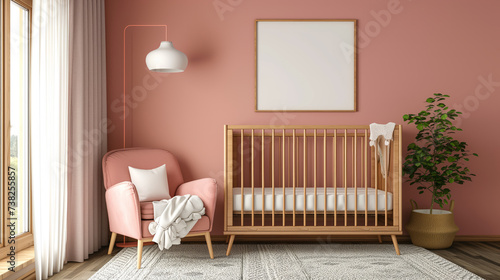 Cozy nursery room with pink walls, wooden crib, and armchair. Home comfort and childcare concept Generative AI