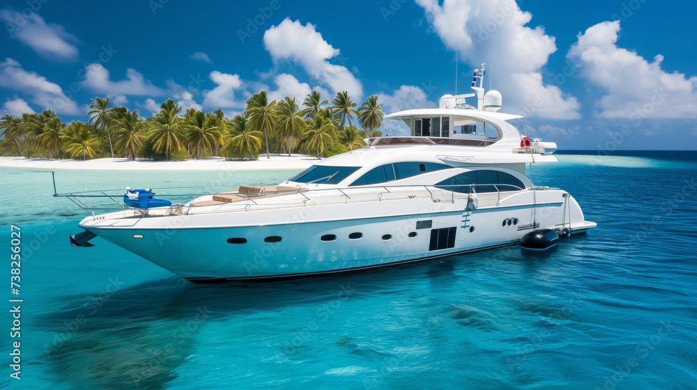 A luxurious yacht anchored near a sandy beach with palm trees under a clear blue sky, over calm ocean waters. Ai generative