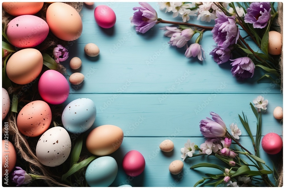 Obraz premium Easter background with Easter eggs and spring flowers. Top view with copy space.
