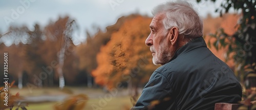 A portrait of a thoughtful elderly man sitting at a park bench