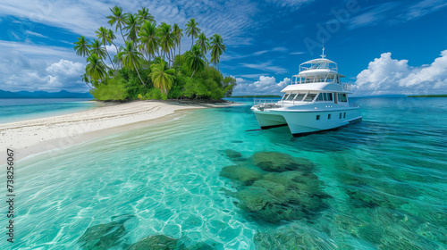 A yacht anchored near a tropical beach with clear blue water  surrounded by palm trees under a partly cloudy sky. Ai generative