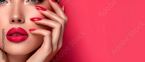 A close-up portrait of a female model with red lipstick and red fingernails posing on a red background.