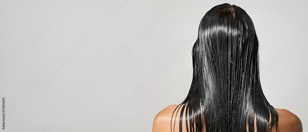 Fototapeta premium A backshot of a woman with shiny long black hair. Spa, cosmetics, hair care concept.