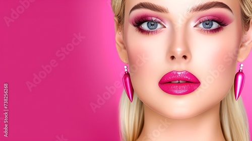 A portrait of a blonde woman with pink lips on a pink background. Cosmetics and beauty concept.