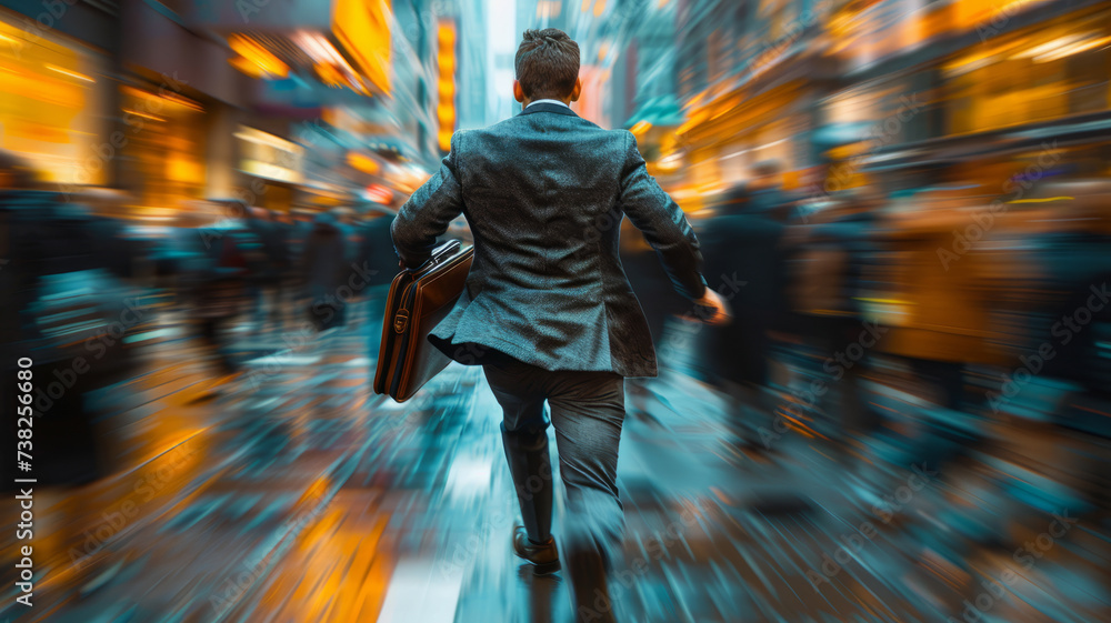 Blurred motion of Energetic business man, he is running with carrying a briefcase to a business meeting. Competition concept,generative ai