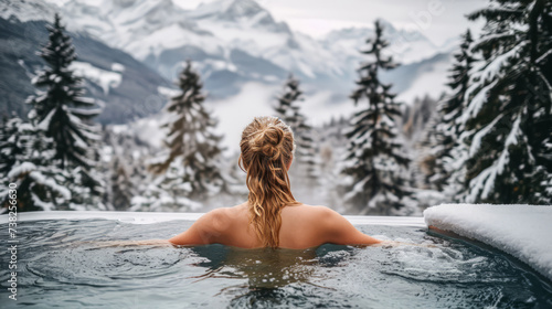 A woman enjoys a hot bath in a pool overlooking a snowy mountain landscape. Ai generative © ImageFlow