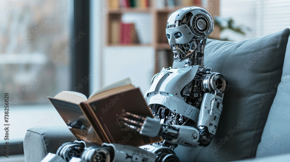 High-tech robot reading on a couch, modern home library backdrop. Continuous learning theme. Generative AI High-tech robot reading on a couch, modern home library backdrop. Continuous learning theme. Generative AI