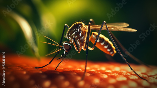 A mosquito perched on a plant covered with water droplets. High definition image made with AI. © AlvaroRT