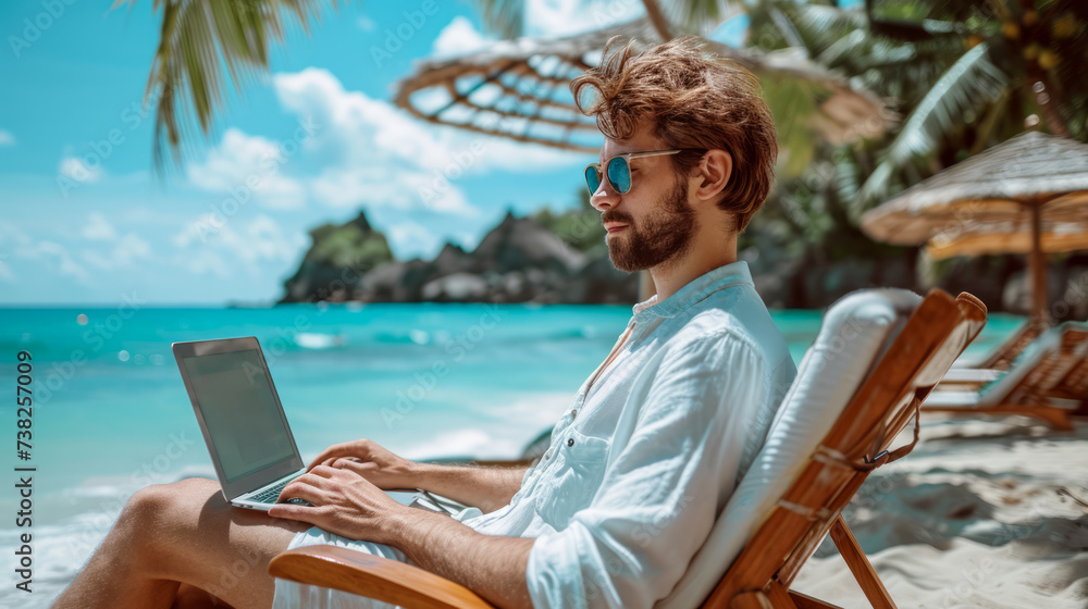 A man working on a laptop while sitting on a beach chair, with the ocean in the background.  Ai generative