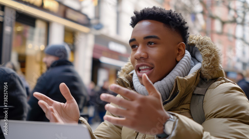 Young man gesturing during a video call outside, blurred city background. Communication concept. Generative AI