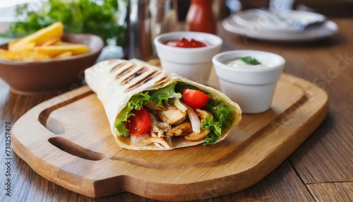 Delicious shawarma served on wooden board on table in cafe. Bowl with sauce. Grilled pita wrapping