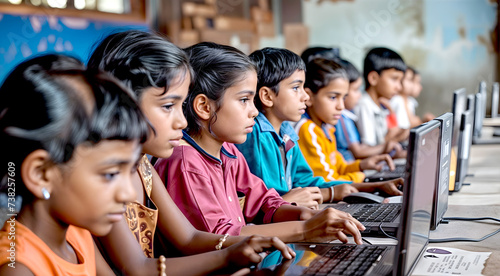 Indian School children sitting in front of laptops in the school classroom. Student in a row studying on laptops. photo