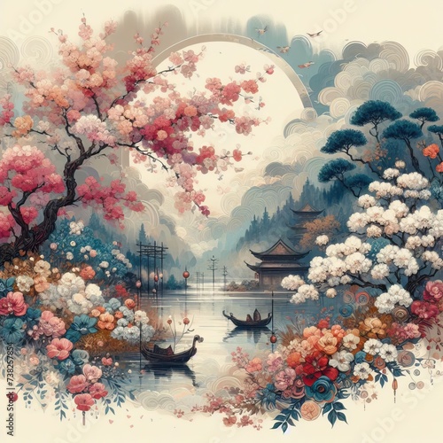 Colorful landscape depicting flowering trees, boats on a calm river and traditional pagoda style buildings in the distance. The image is decorated in Japanese or Chinese art style. Generative AI.