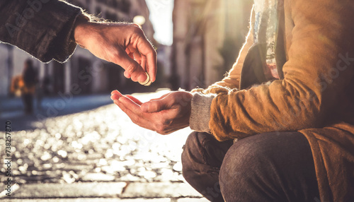 Hand giving money to a beggar. Concept of poverty, brotherhood, generosity and helping others