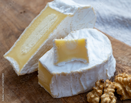 Cheese collection, French cheese from Normandy region, heart-shaped neufchatel close up photo