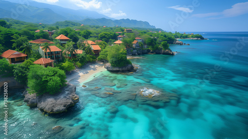 Turquoise ocean meets houses on the shore in aerial view of tropical island photo