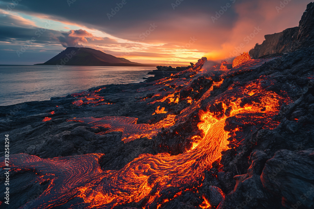 Hot lava erupting from volcano and inescaplably flowing through cold landscape