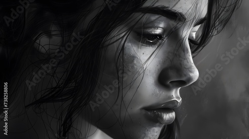 A high-definition, realistic portrait in monochrome, focusing on the subject with a minimalist approach. The background is a simple, textured gray, highlighting the details 