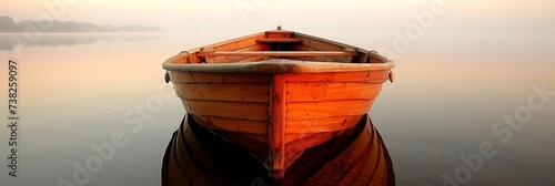 Tranquil dawn reflections  solitary wooden boat on lake, peaceful nature landscape