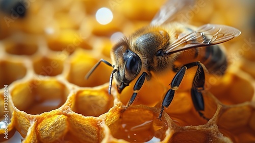 Bee sitting on honeycomb with honey close up © taraskobryn