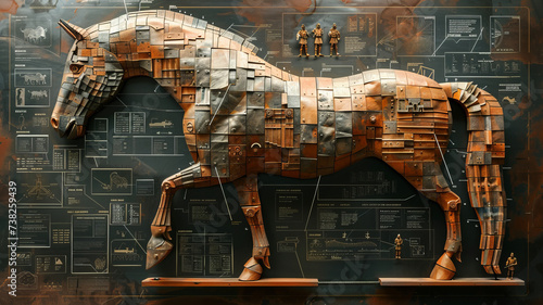 a construction blueprint in an exploded schematic style depicting instructions how to create the wooden trojan horse showing hidden greek soldiers,generative ai