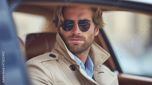 Stylish male model wearing white trench coat and sunglasses sitting in luxury car © Ilja