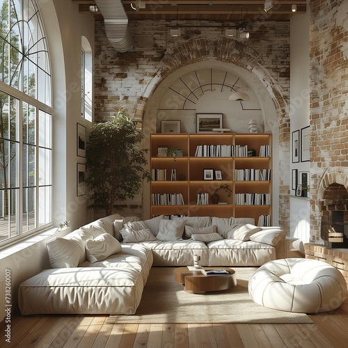 high modern living room with fireplace and bookshelfs