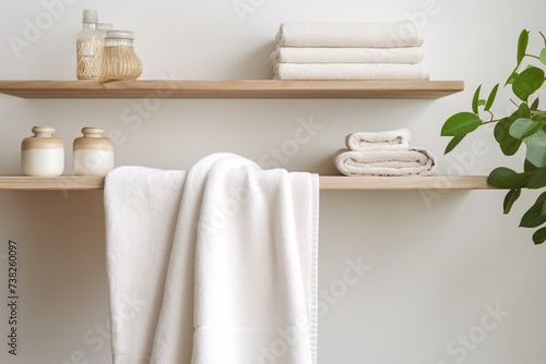 a shelf with towels and candles © Inga