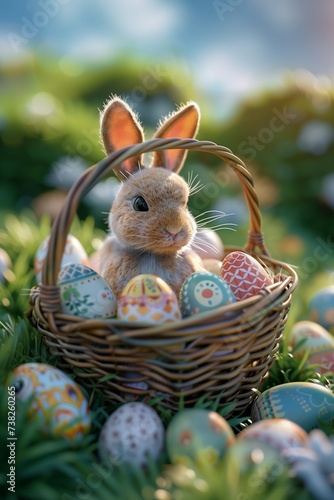 Bunny Sitting in a Basket Filled With Eggs photo