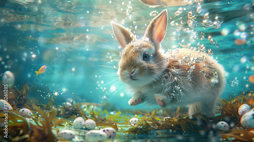 happy easter concept, easter rabbit underwater swimming , finding eggs in bottom of sea 