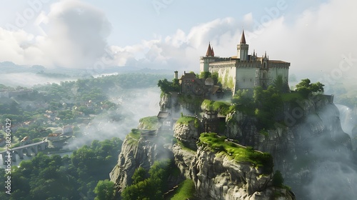 a magical medieval castle perched atop a mist-shrouded cliff, surrounded by rolling hills dotted with quaint villages and winding rivers.