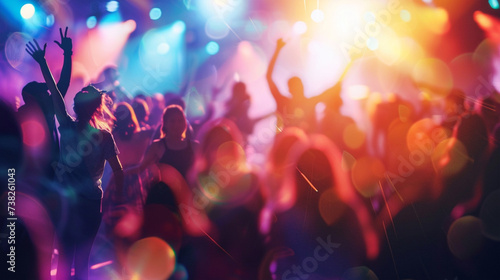 Electrifying Music Festivities: A Throng of Revelers Dancing Fervently in a Blurry Bacchanal Setting Under a Gleaming Backdrop